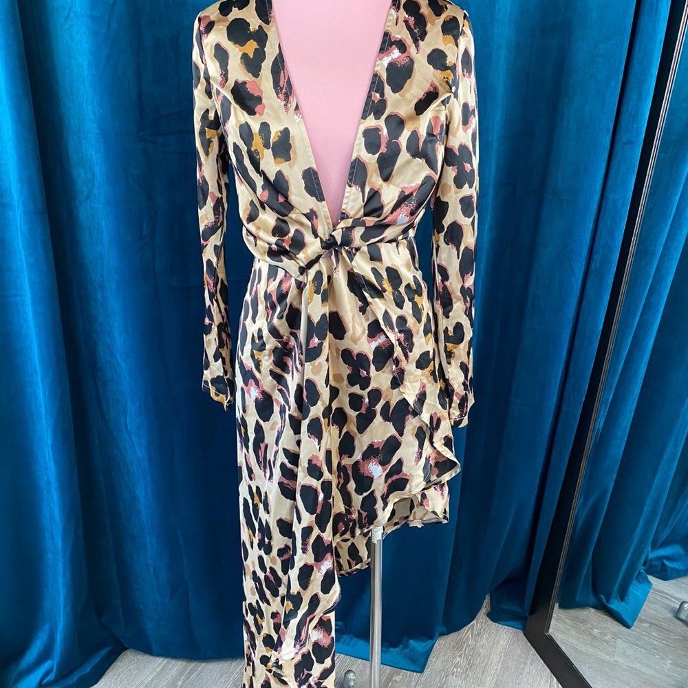 Pretty Little Thing  Leopard Asymmetric Hem Plunge Satin Dress - Picture 2 of 12
